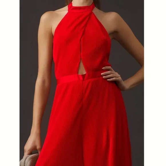 Anthropologie Plisse Halter Jumpsuit Red Size 8